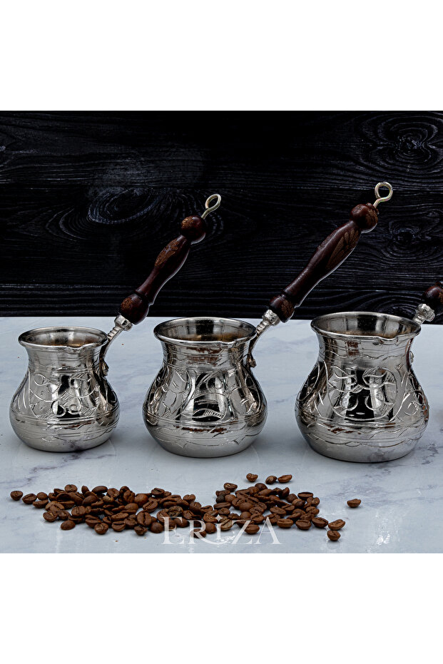 Gaziantep Style Handmade Carved Embroidered Pewter Copper Coffee Pot Set of Three