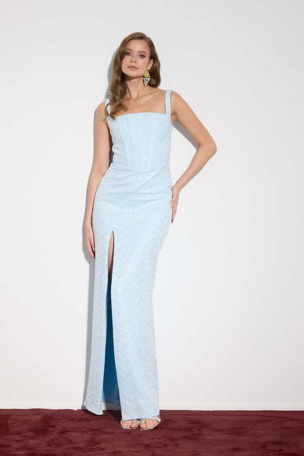 Baby Blue Square Neck Sequined Evening Dress with Slits