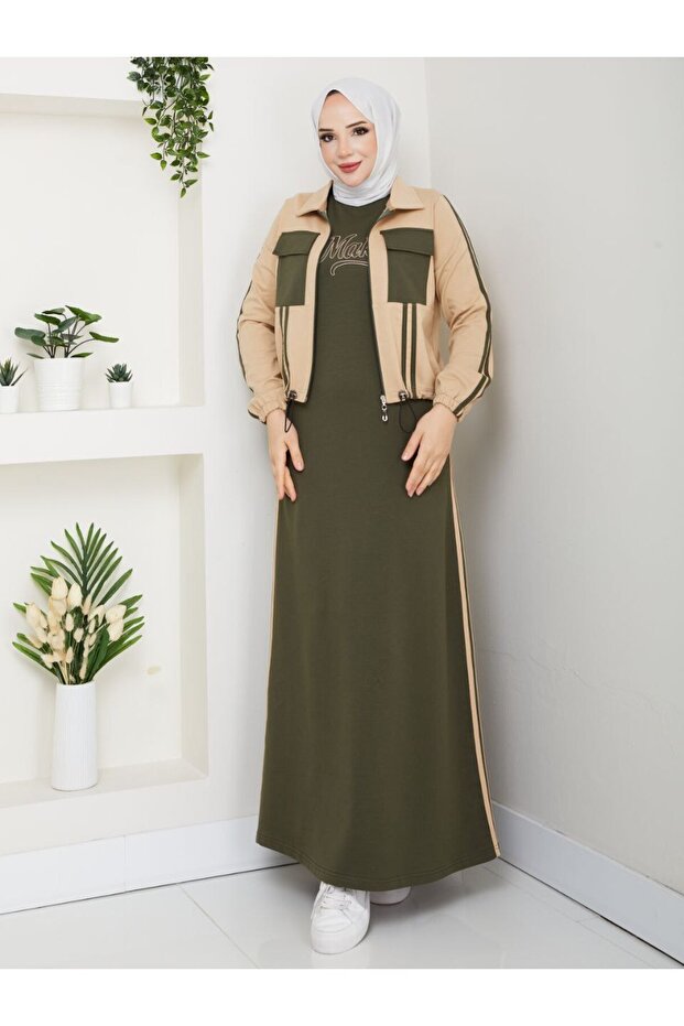 Women's 2-Piece Set Long Dress and Jacket with Pockets Two Yarns Cotton Stylish Sporty N-05479 _ Khaki