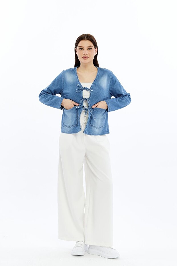 Women's Denim V-Neck Jacket/Cardigan with Front Pockets and Tie Detail