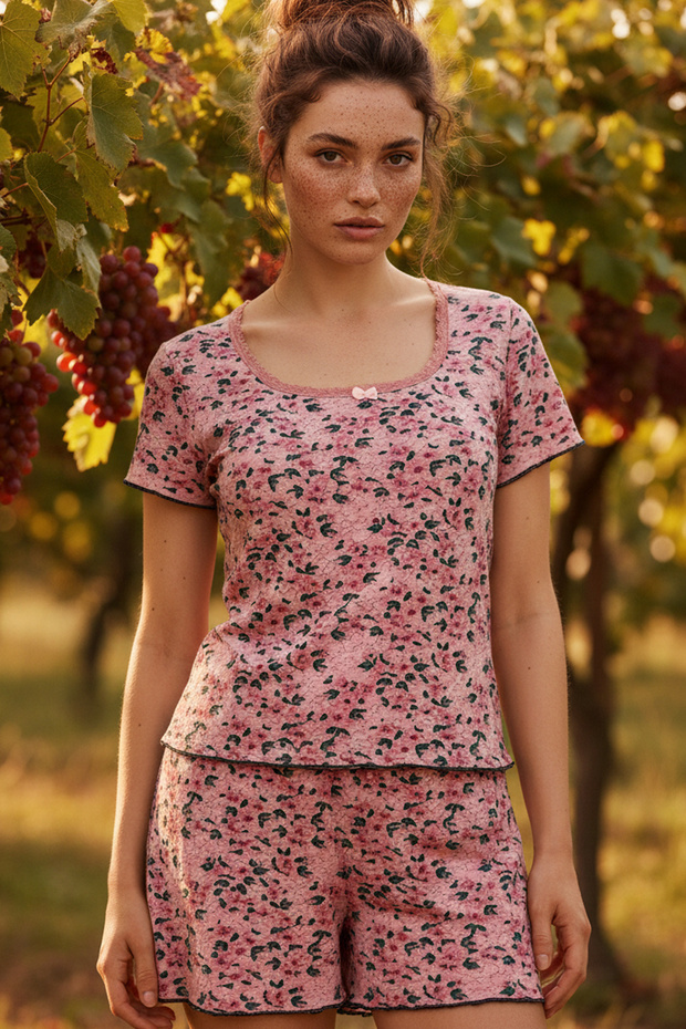 Powder Pink Floral Patterned Lace Ribbed Camisole Knitted Shorts Pajama Set 26120052