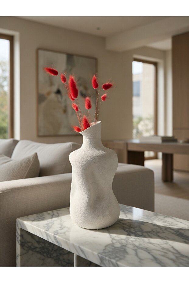 Modern Organic Formed Decorative Vase - Textured White Vase with a Textured Surface
