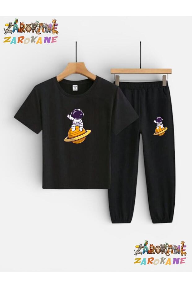 Yellow Planet Astronaut Printed Top-Bottom Tracksuit/T-Shirt Children's Two-Piece Set (Tracksuit with Pockets)