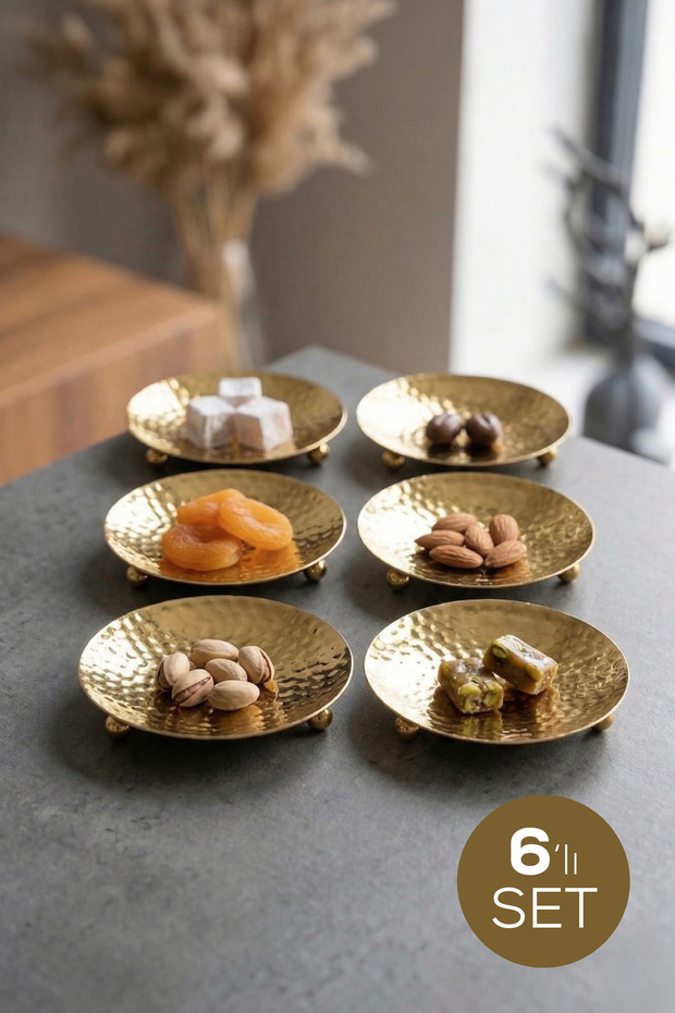 Set of 6 Gold Color Metal Mini Turkish Delight Bowls - Forged Patterned Presentation Plates