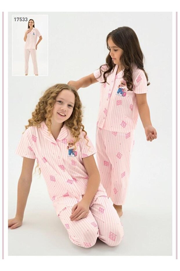 8979 Pink Striped Button-Down Shirt with Teddy Bear Pajama Set'Mother-Daughter Combination Can Be Made'