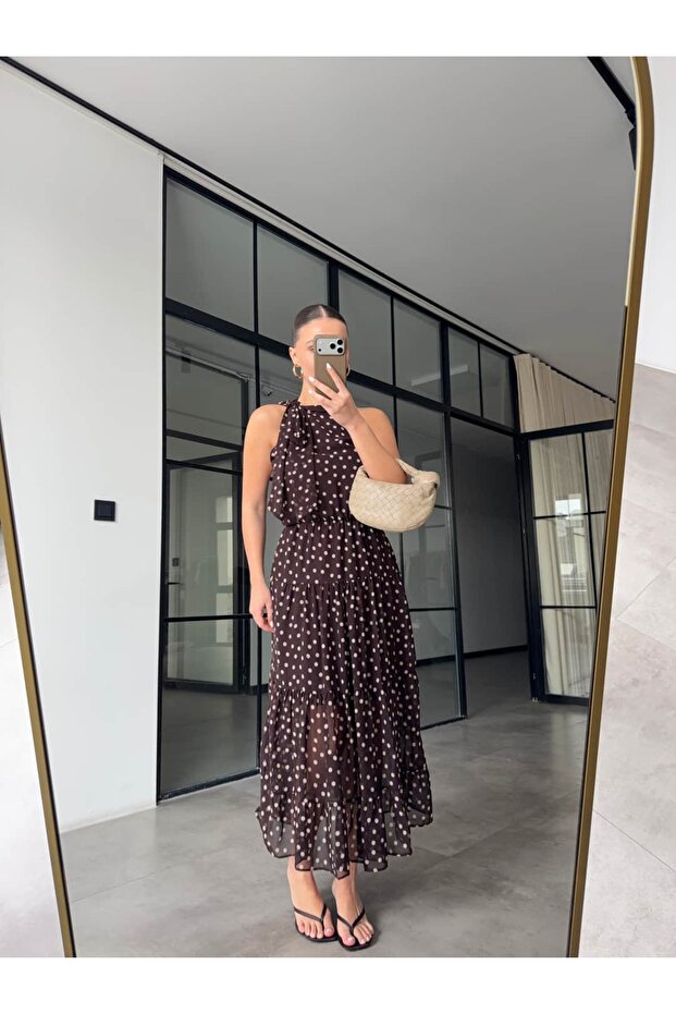 Necklace-Detached Chiffon Dress Brown
