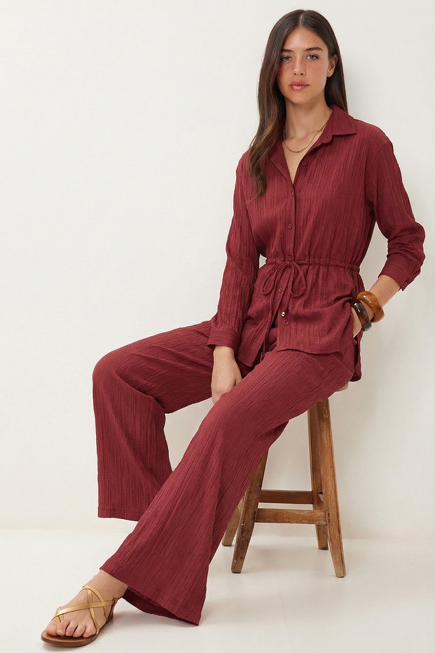 Textured Top and Bottom Set with Tie-Up Detail Lci0067 Mürdüm