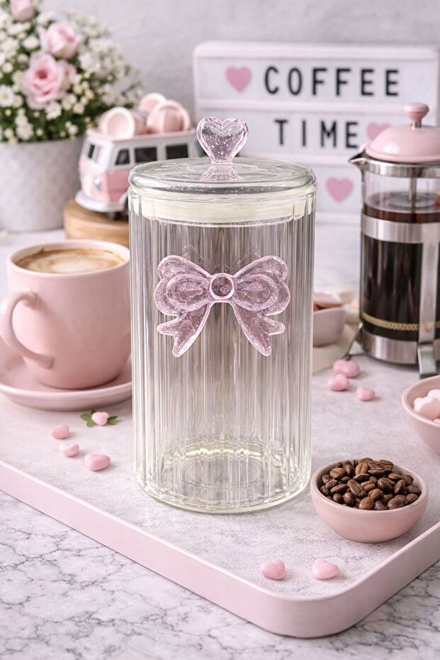 Medium Size Decorative Glass Jar – Heart Lid with Ribbon Detail Candy Jar - Ribbon Jar