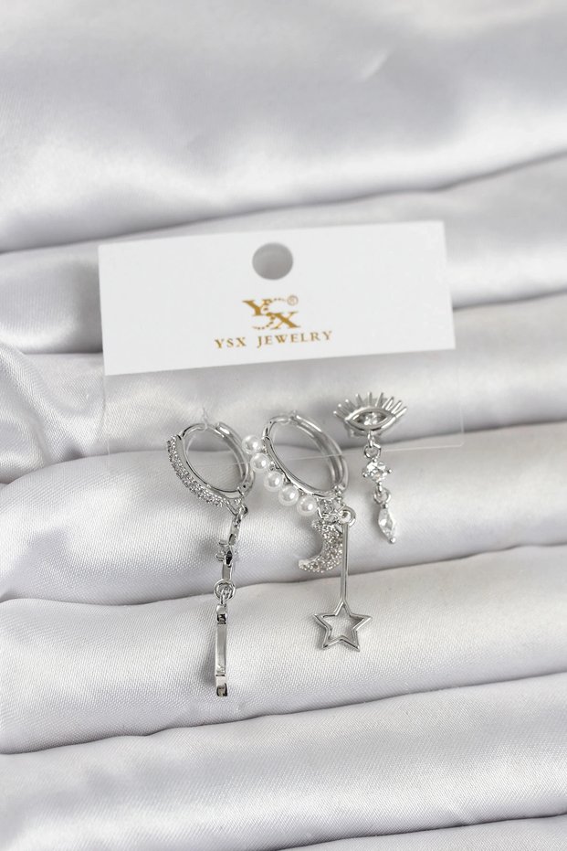 Brass Silver Color Zircon Stone Night Theme 3-Piece Women's Earrings
