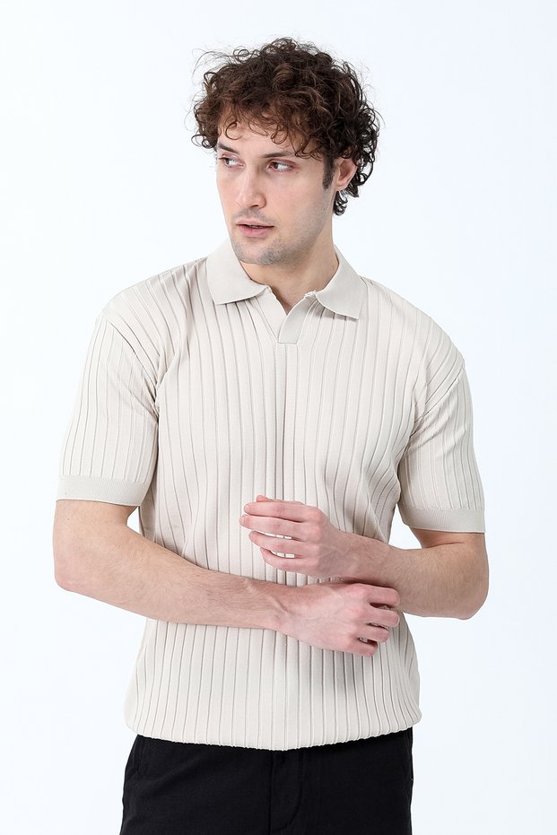 Men's Polo Neck Ribbed Knit T-Shirt Beige - 26Y 682