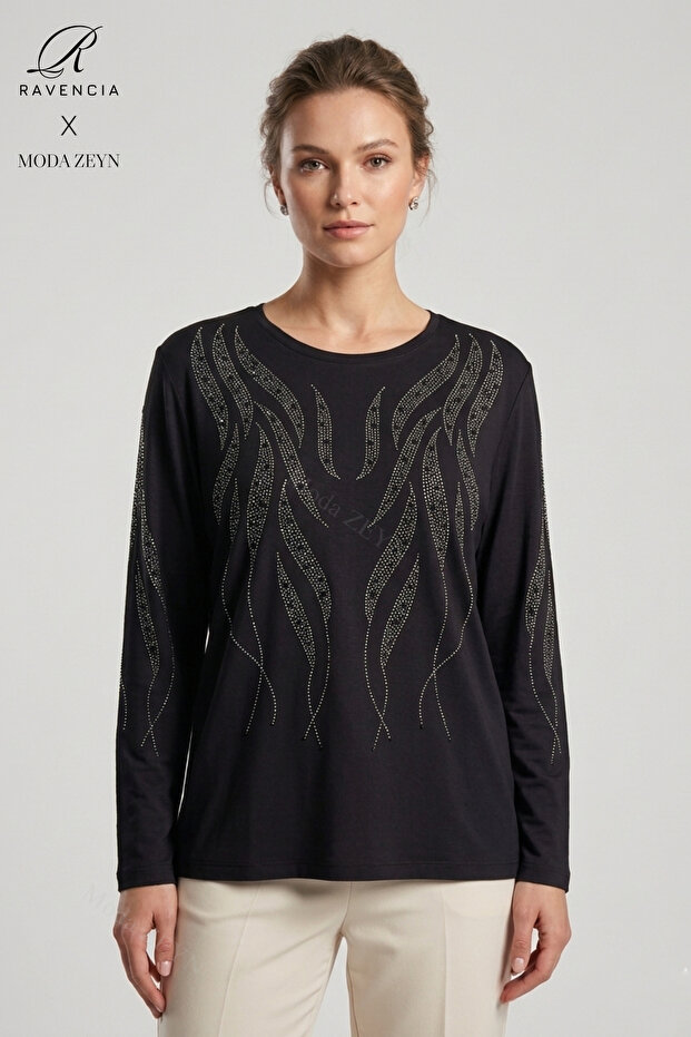 Women's Spiral Stick Patterned Collar and Skirt, Stone Embroidered, Slit, Lycra, Mother's Combed Cotton Blouse