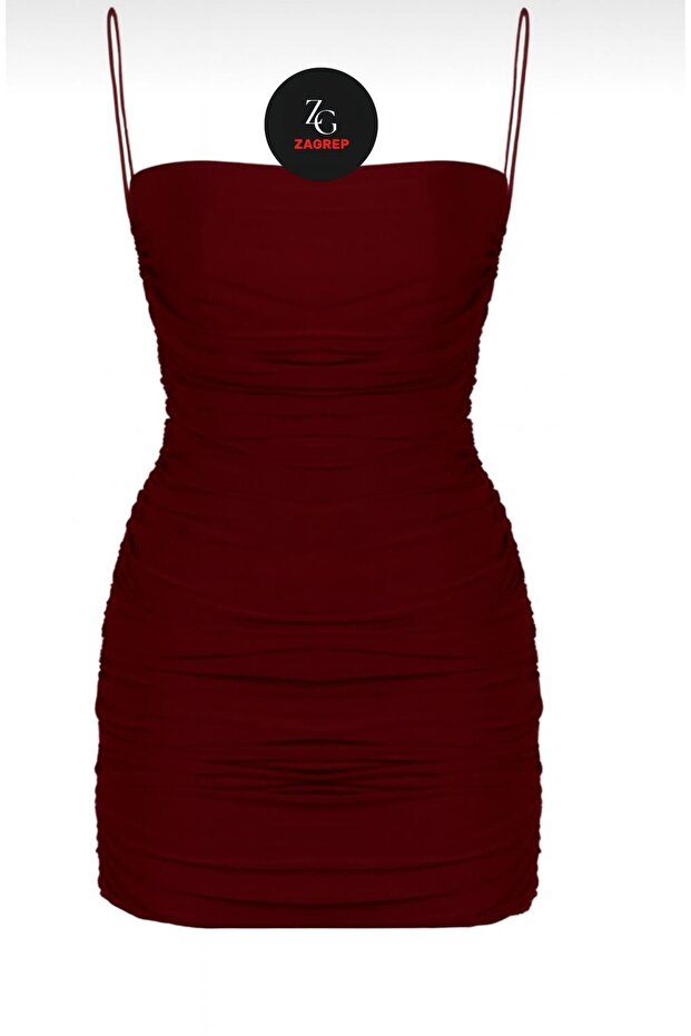 Women's Burgundy Strappy Gathered Draped Fully Lined No-Show Mini Dress