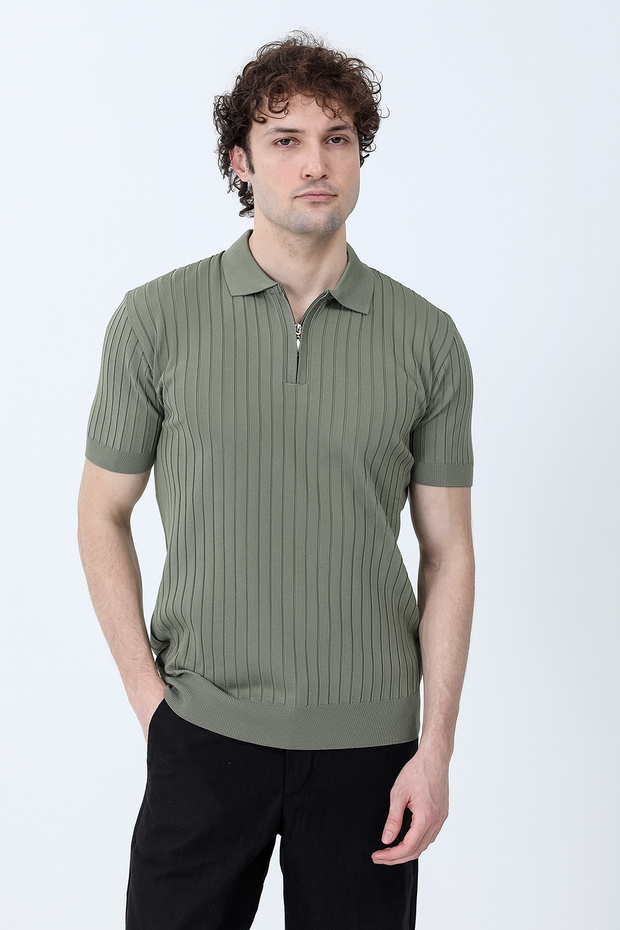 Men's Half Zip Polo Collar Ribbed Knitwear T-Shirt Khaki - 26Y 683