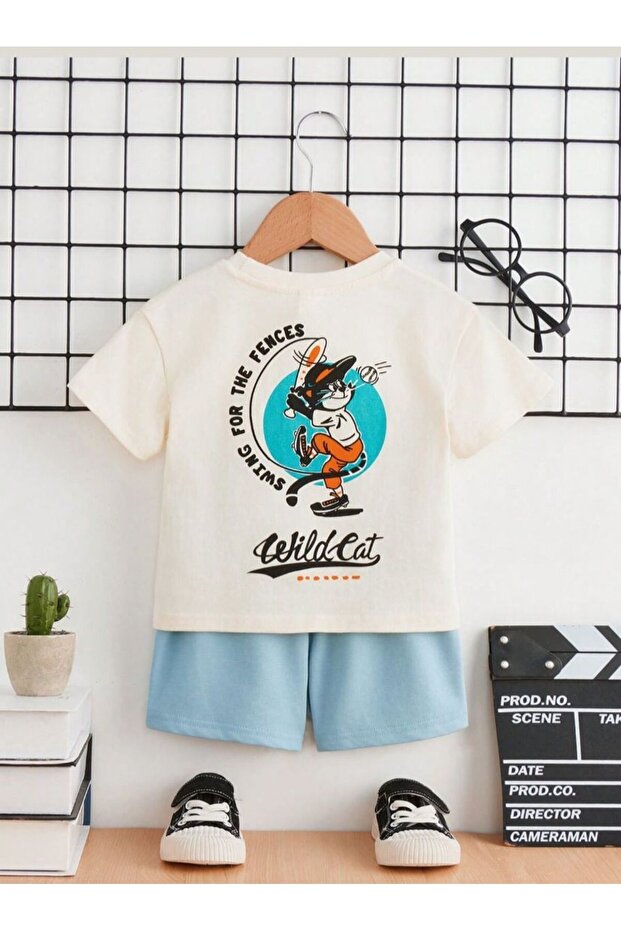 Top White Bottom Baby Blue Swiming Cat Printed Summer Shorts Top-Bottom Set Cotton