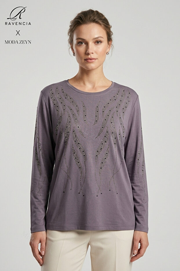 Women's Gray Spiral Stick Patterned Collar Sleeve Embroidered Stoned Slit Lycra Mother Combed Cotton Blouse