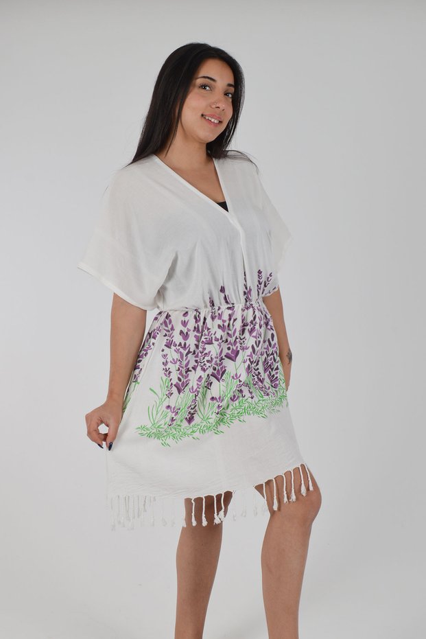 Lavender Patterned Cotton V-Neck Beach Dress with Elastic Waist 1 Piece Cotton Viscose Pareo Beachwear