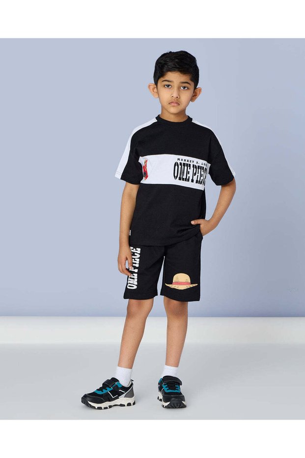 Boys Black Printed T-Shirt And Shorts Set