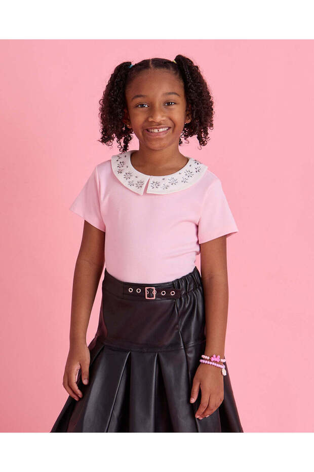 Girls Pink Collar With Stones Casual Jersey Top