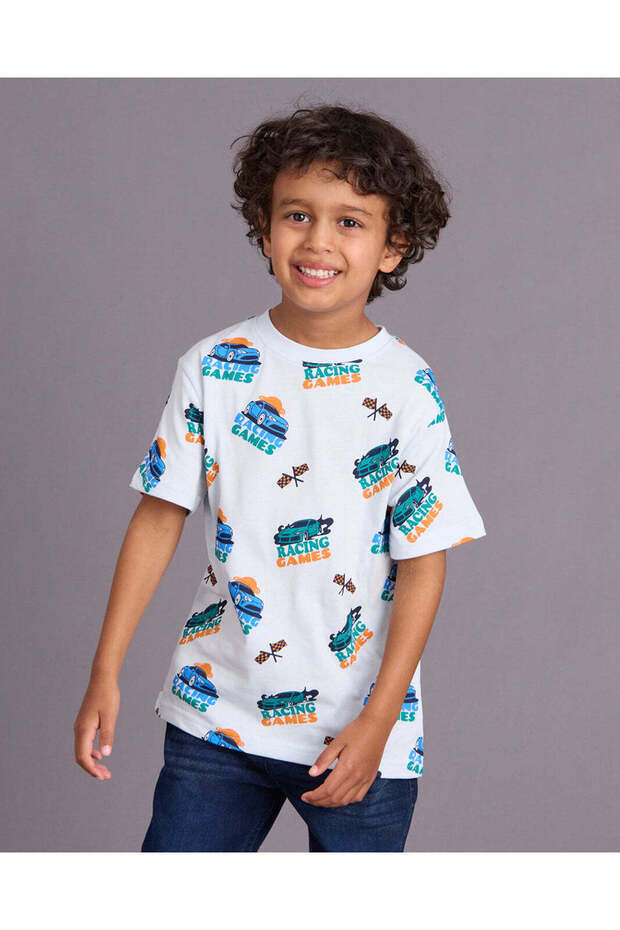 Boys White And Blue Allover Print T Shirt
