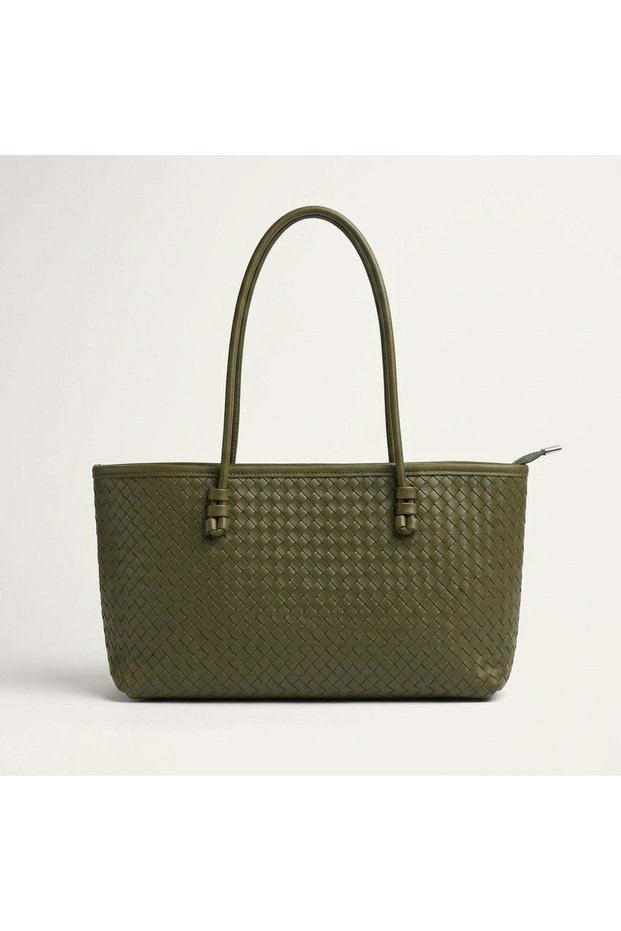 Women's Khaki Color Sleeve Bag Si Knitted Detail Tote Bag
