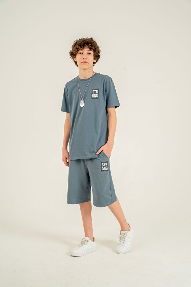 Strong Printed Boys' Shorts with Pendant - T-Shirt Set