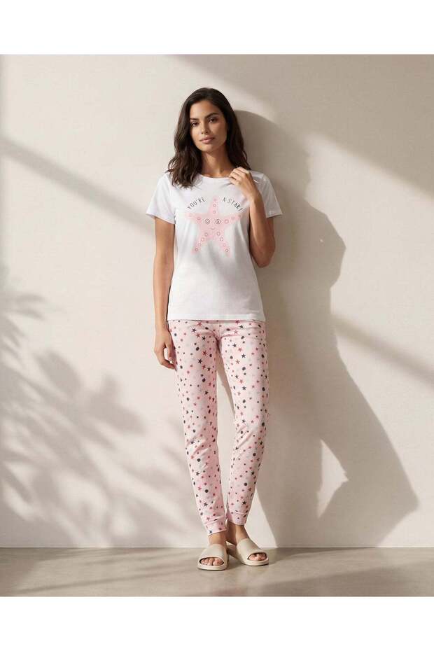 Women White And Pink Printed 2 Piece Pyjama Set