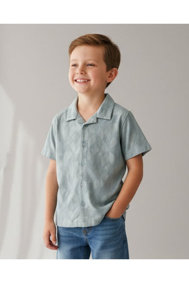 Boys Indigo Jacquard Resort Collar Short Sleeve Shirt