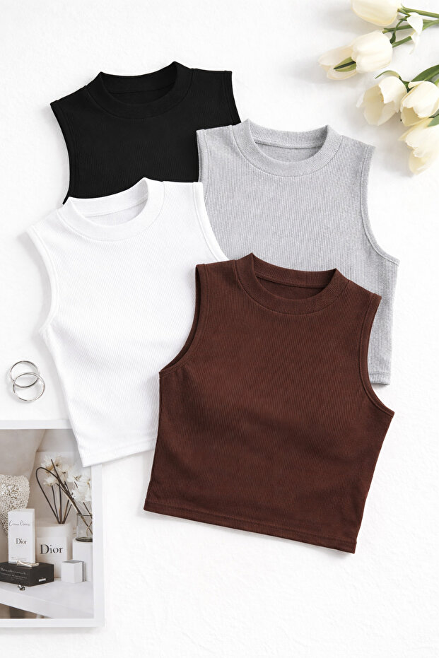 Women's Set of 4 Crop Tank Tops Ribbed Sleeveless Basic Blouse – Casual Stylish Stretchy Fabric