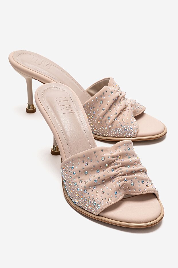Karina Beige Stone Women's Thin Heeled Slippers