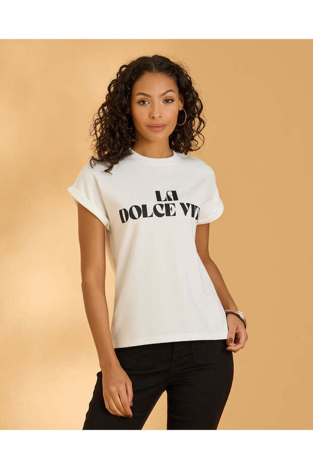 Women White La Dolce Printed T-Shirt