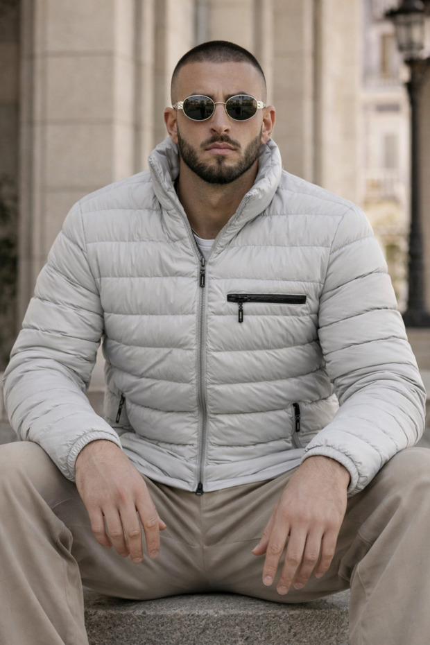 Men's Casual Pocketed Basic Lined Gray Puffer Jacket - 5