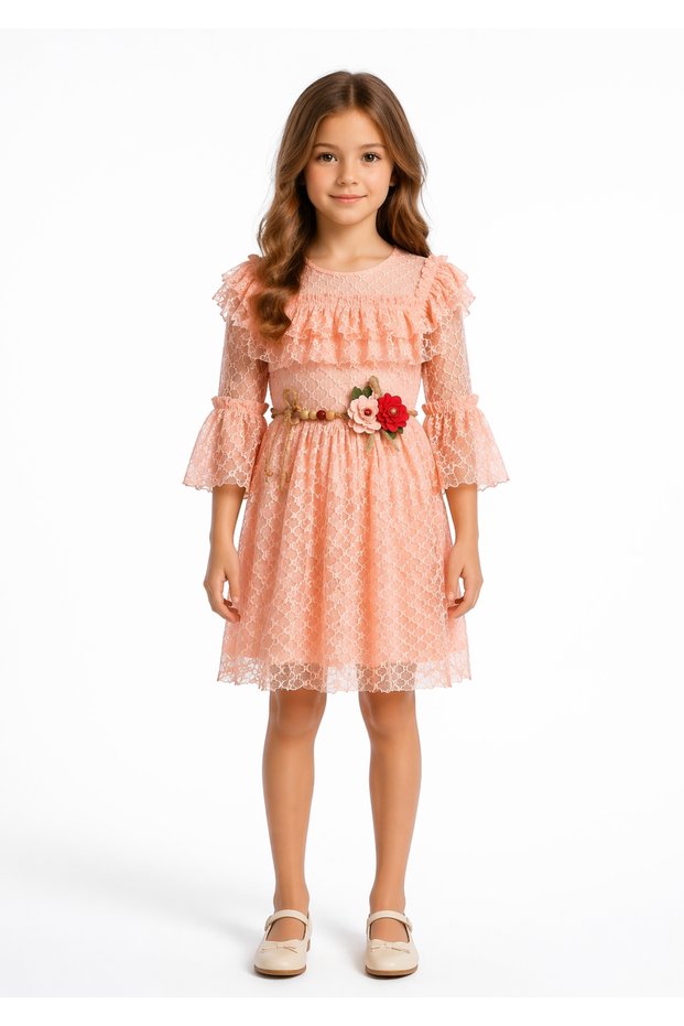 Girl's Lace Laced Lined Belted Waist Belted Salmon Color Midi Length Dress