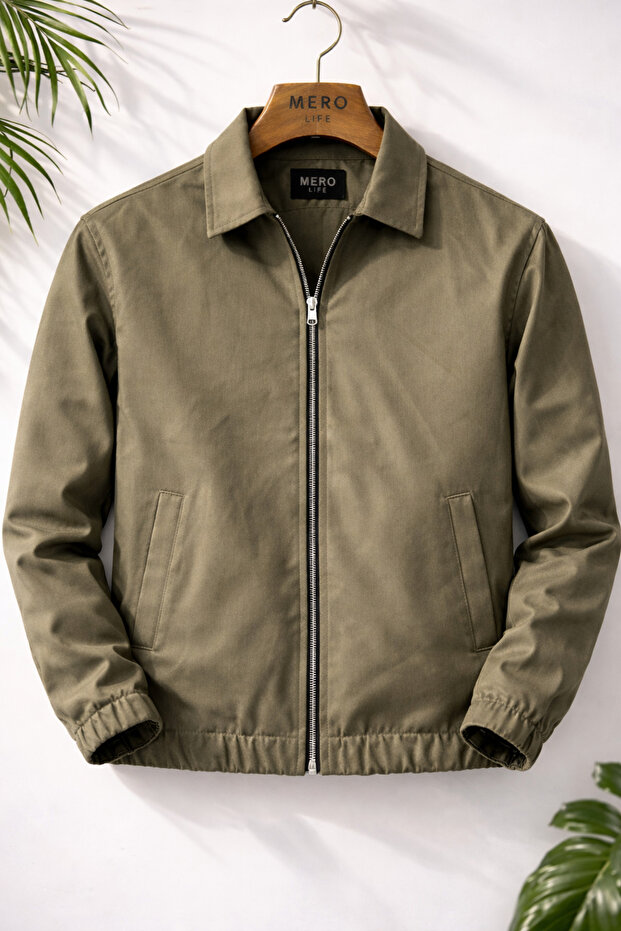 Mero Life Erkek Basic Old Money Fermuarlı Oversize Mevsimlik Polo Yaka Gabardin Kumaş Haki Ceket