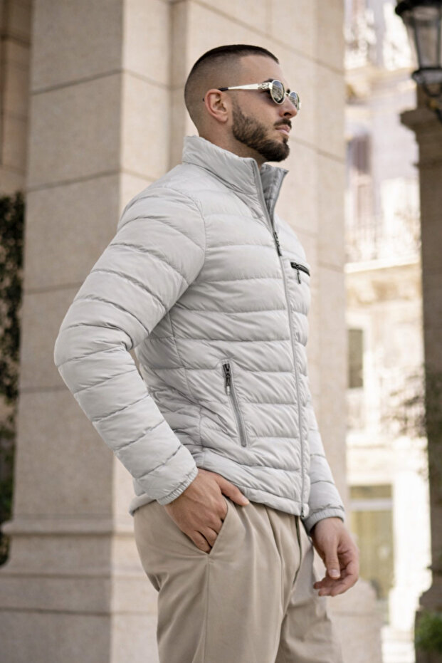 Men's Casual Pocketed Basic Lined Gray Puffer Jacket - 6