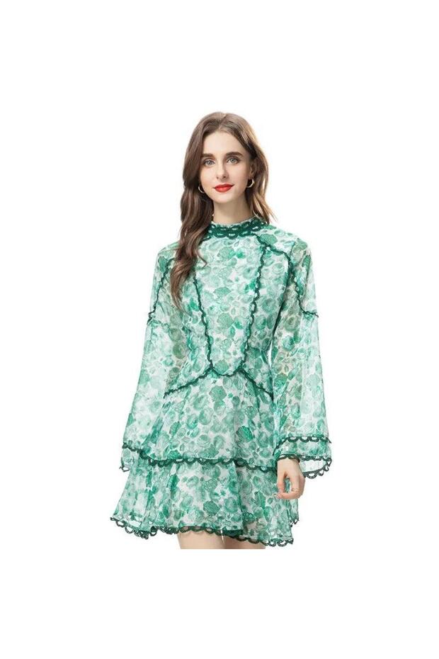 Green Floral Print High-Waisted Dress