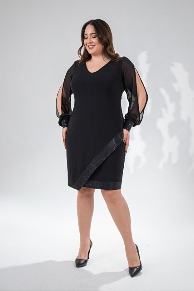 Women's Plus Size Skirt - Dress with Stone Sleeves Black