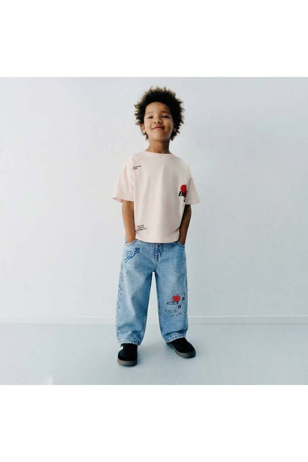 Children's Printed Baggy Jean Trousers – Elastic Waist, Comfortable Fit, Daily Use, Modern Design