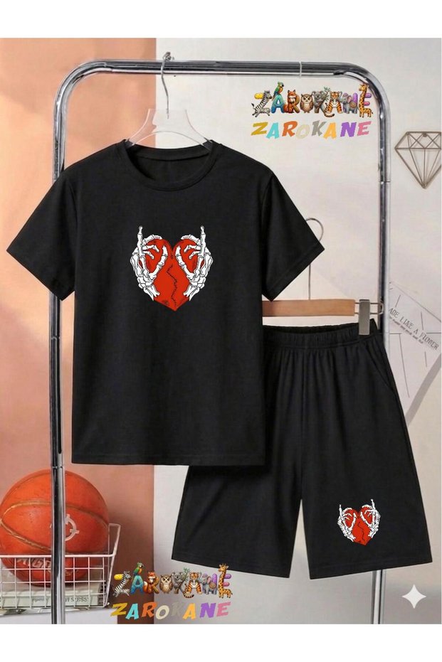 Skeleton Heart Printed Top and Shorts/T-Shirt Summer Children's Two-Piece Set