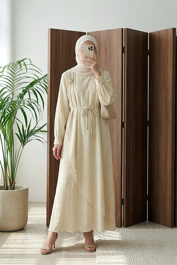 Brooched Front Double Layered Waist-Tied Lined Linen Dress - Beige