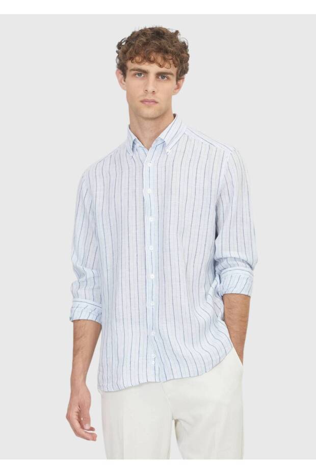 Blue Striped Regular Fit Long Woven Casual 100% Linen Shirt