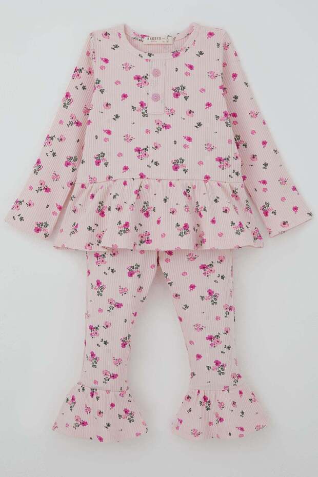 Girl's Tights Set with Floral Pattern and Ruffle Detail at the Leg, 3-7 Years, Pink