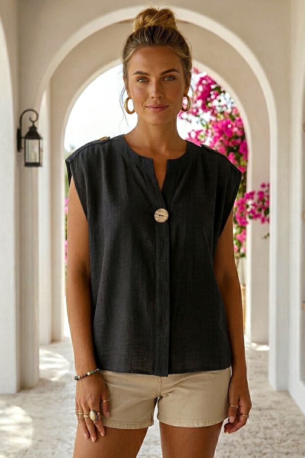 Black High Collar Low Sleeve Casual Linen Look Woven Blouse 67 60