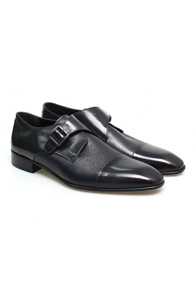 Dark Blue Color Laceless Genuine Leather Men's Shoes