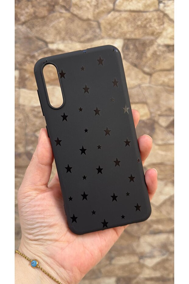 Samsung Galaxy A50 Compatible Mini Black Star Patterned Silicone Shock Absorbing Classic Protected Rubber Case