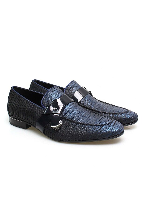 Dark Blue Color Laceless Genuine Leather Men's Shoes