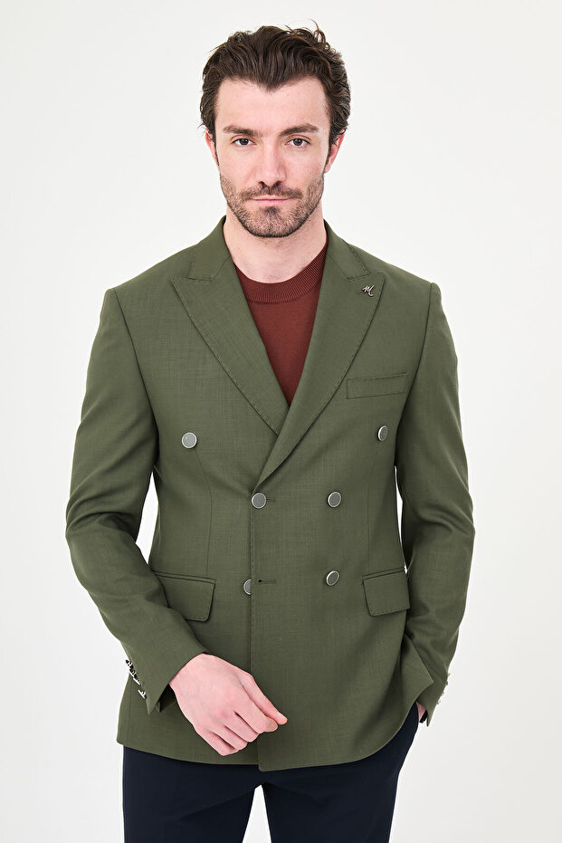 Straight Slim Fit Wide Collar Double Breasted Metal Buttoned Men's Jacket Khaki - 41496.26Y