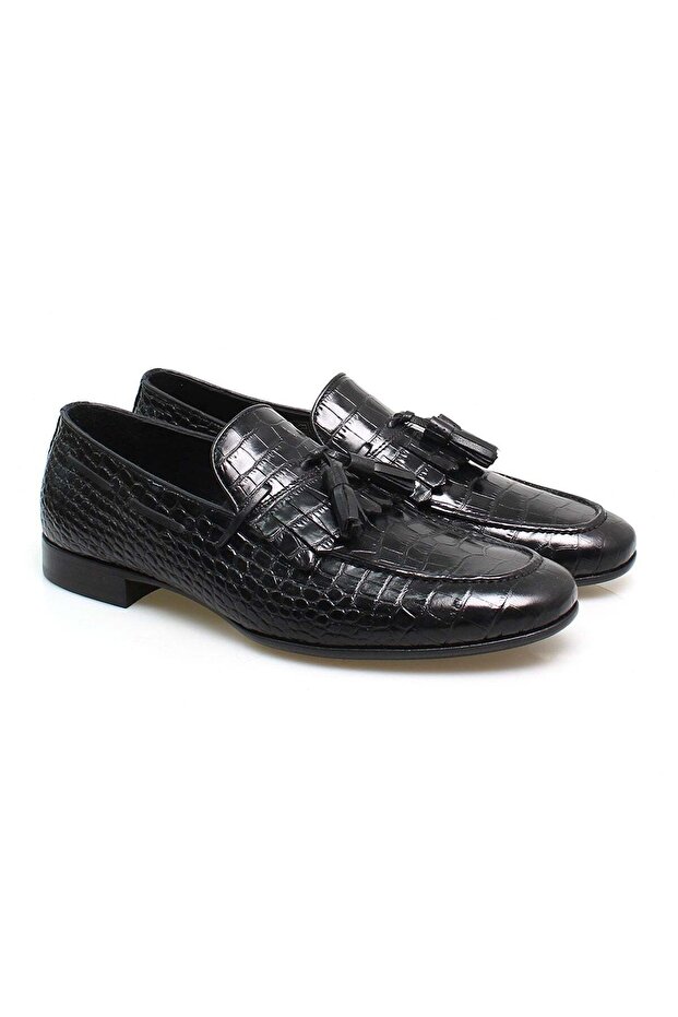 Black Color Laceless Genuine Leather Men's Shoes