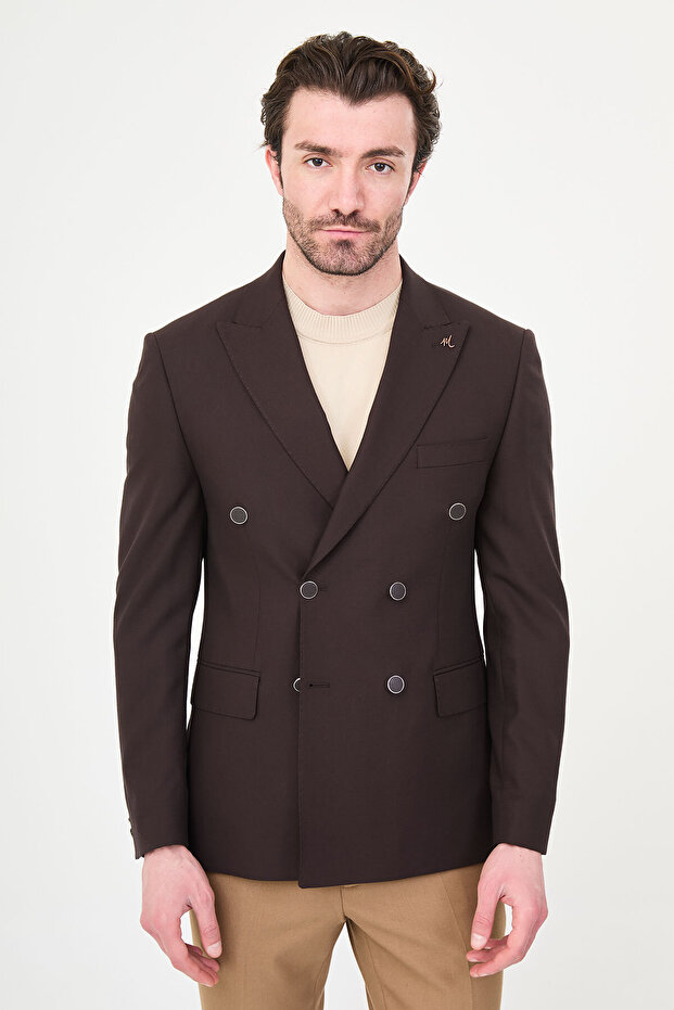 Straight Slim Fit Wide Collar Double Breasted Metal Buttoned Men's Jacket Brown - 41496.26Y