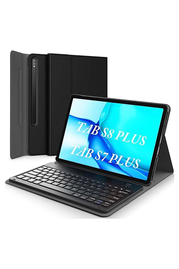 Galaxy Tab S8 Plus/ S7 Plus Keyboard Case, Wireless Detachable, PU Leather Stand Cover, Micro USB Re