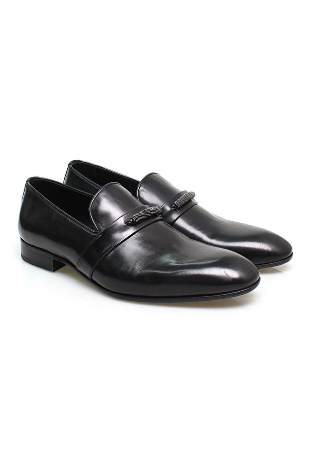 Black Color Laceless Genuine Leather Men's Shoes